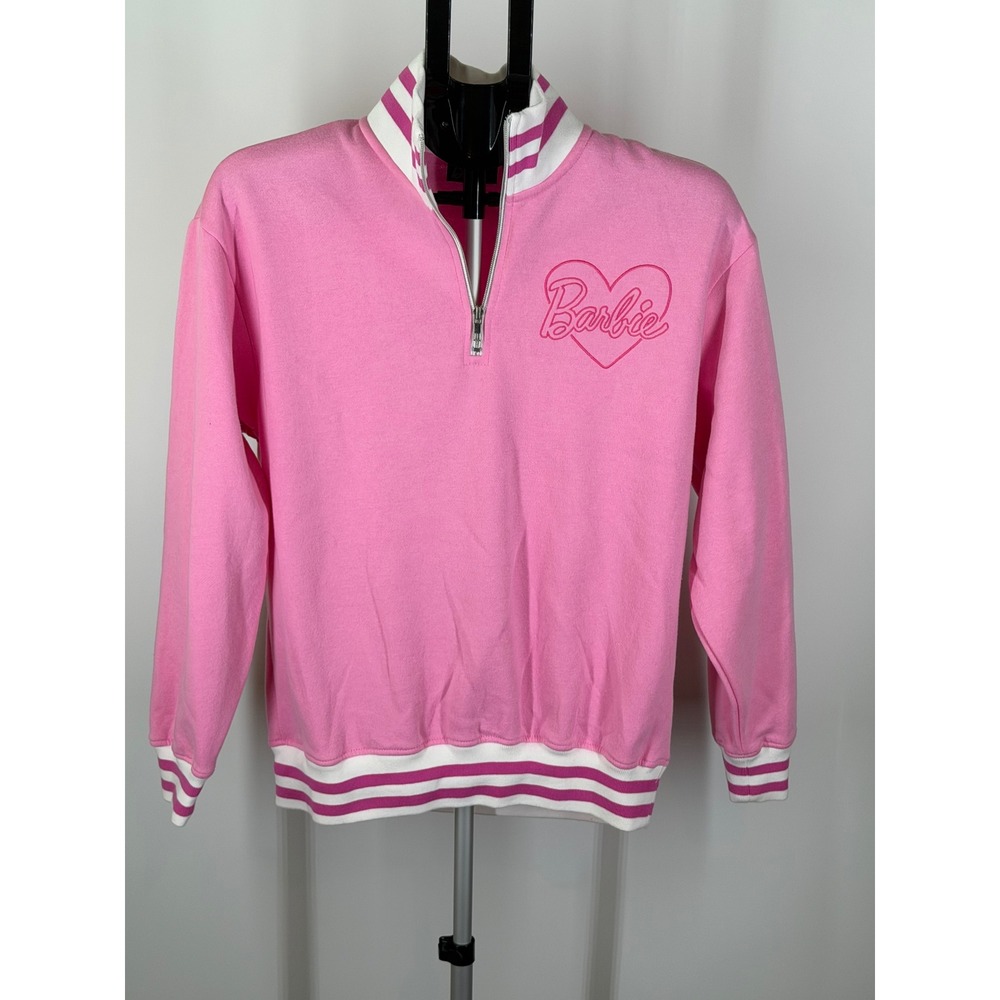Barbie Pink Quarter Zip Sweatshirt Heart Logo Striped Trim Medium Pullover